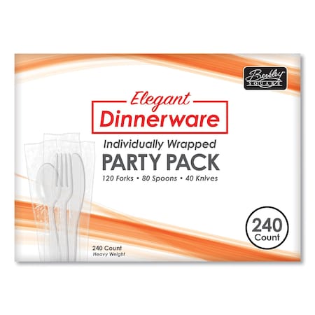 Berkley Square Dinnerware Heavyweight Cutlery Assortment, Ind Wrapped, 120 Forks/80 Spoons/40 Knives, White, PK240 BEP90191